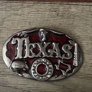 Vintage Texas Red Enamel Inset Belt Buckle Longhorn, Armadillo, Oil Rig